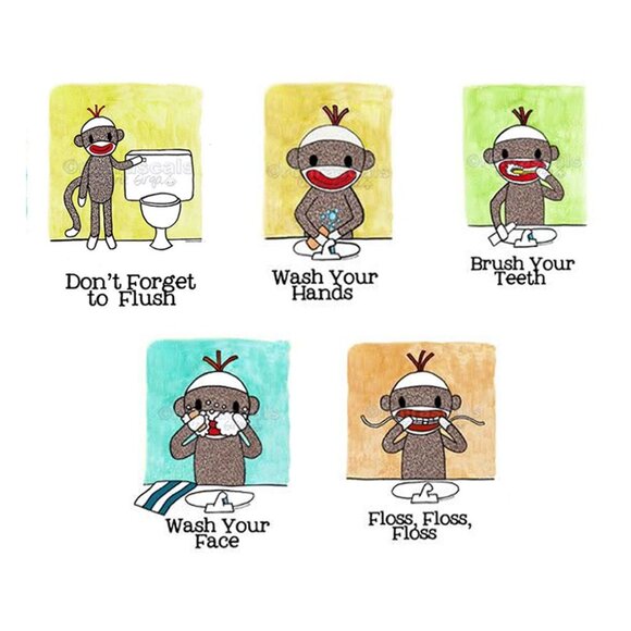 Bathroom Reminder Prints Sock Monkeys Don't Forget to Flush Wash Your Hands 5x7 - Picture 2 of 2